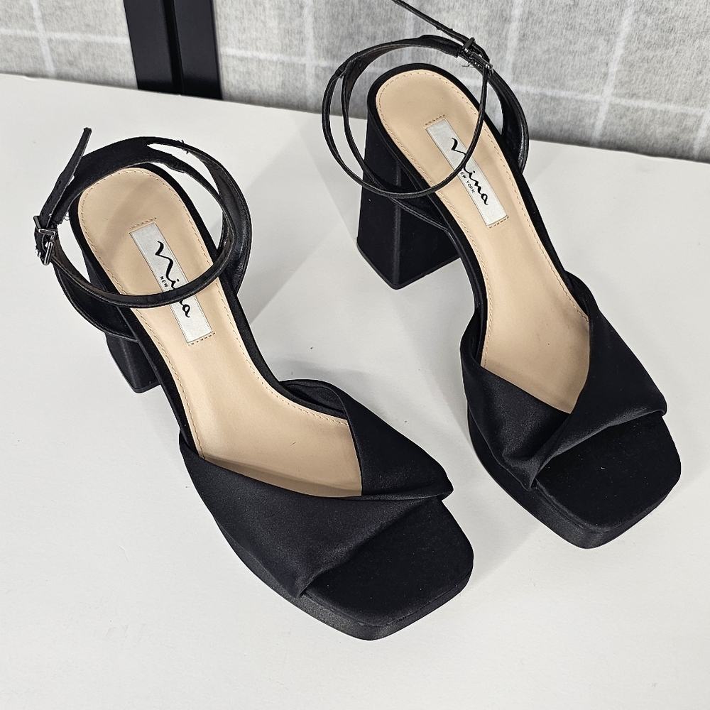NINA Stacie Platform Block Dress Sandals High Heel 3" & Up - Black size 10